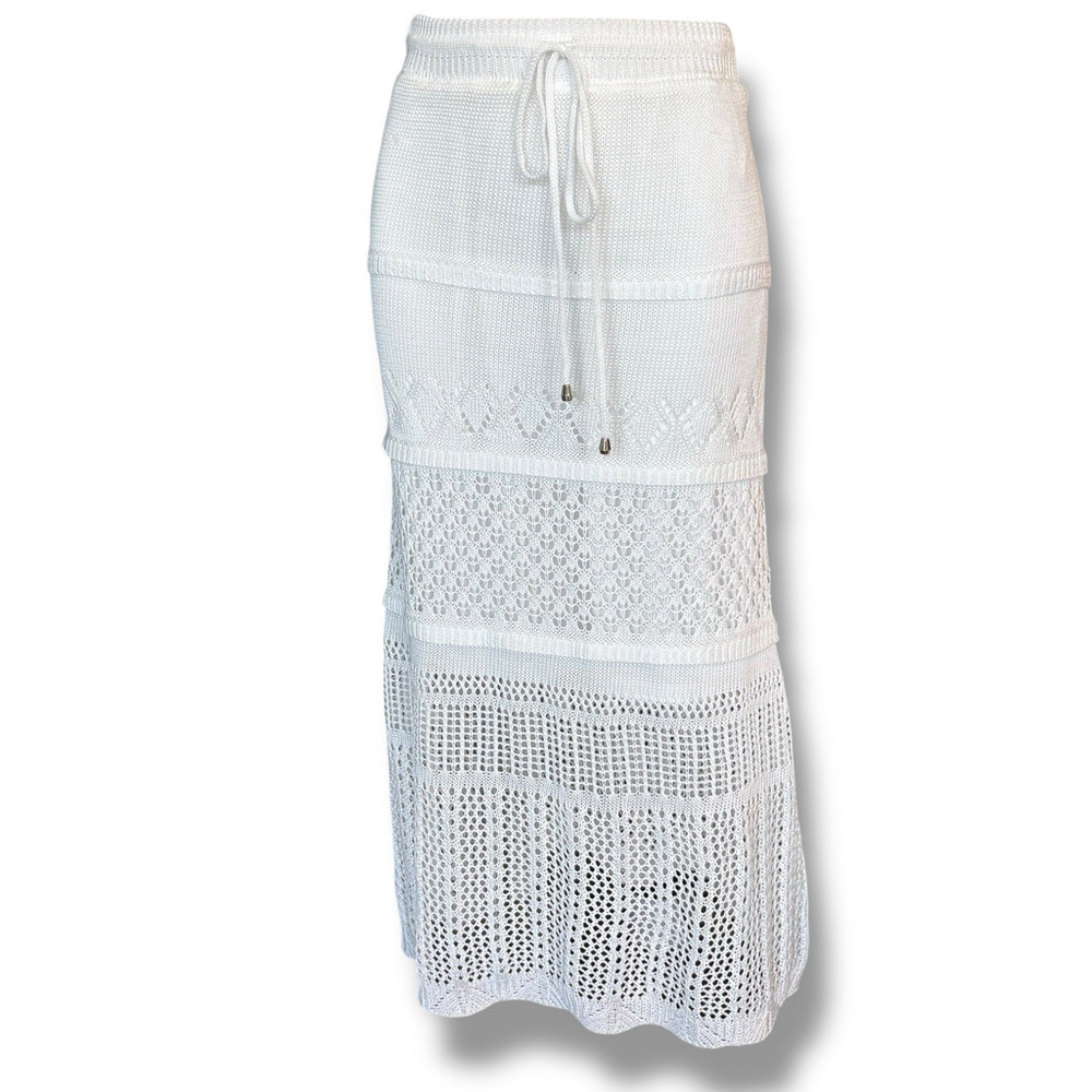 Solitaire Handmade White Crochet Knit Maxi Skirt XS Drawstring Lined Boho NEW
